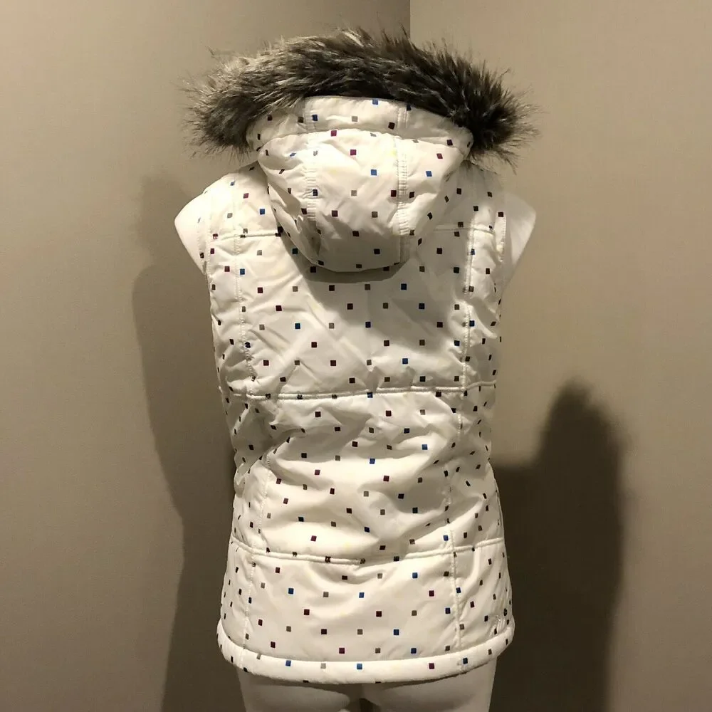 Burton Dryride Puffer Vest Small Cream Hooded Faux Fur Trim Zip Snap Pockets - Picture 6 of 12